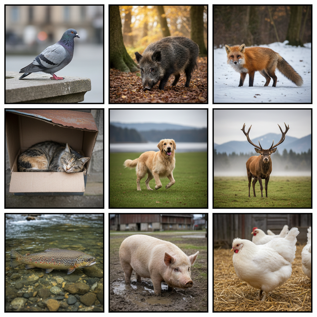 Une grille de neuf images montrant divers animaux, dont un pigeon, un sanglier, un renard, un chat, un chien, un cerf, une truite, un cochon et des poules.