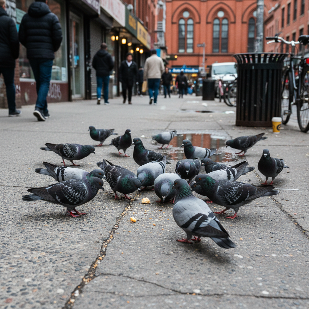 Un groupe de pigeons picore des miettes sur le trottoir d'une rue animée en ville.